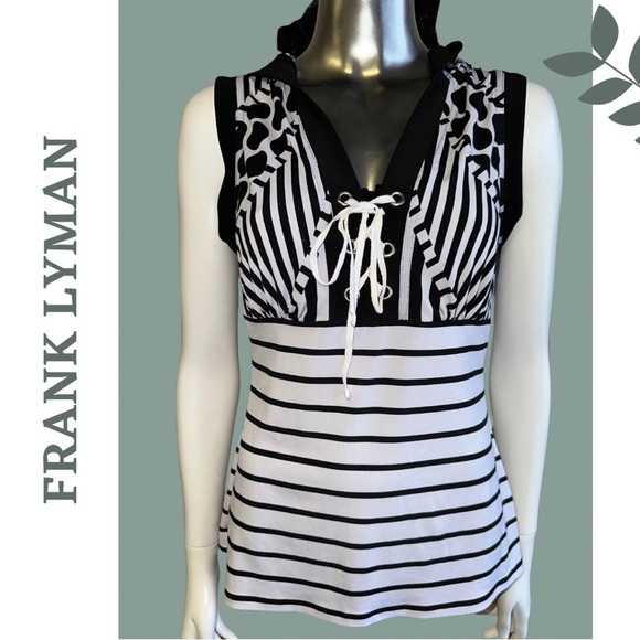 Frank Lyman Sleeveless Hooded Top
Lace Up Detail Black White Size 8 - Picture 1 of 6